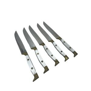 Vtg Stainless Steak Knives Set of 5 White Ivory Color & Brass Handle France